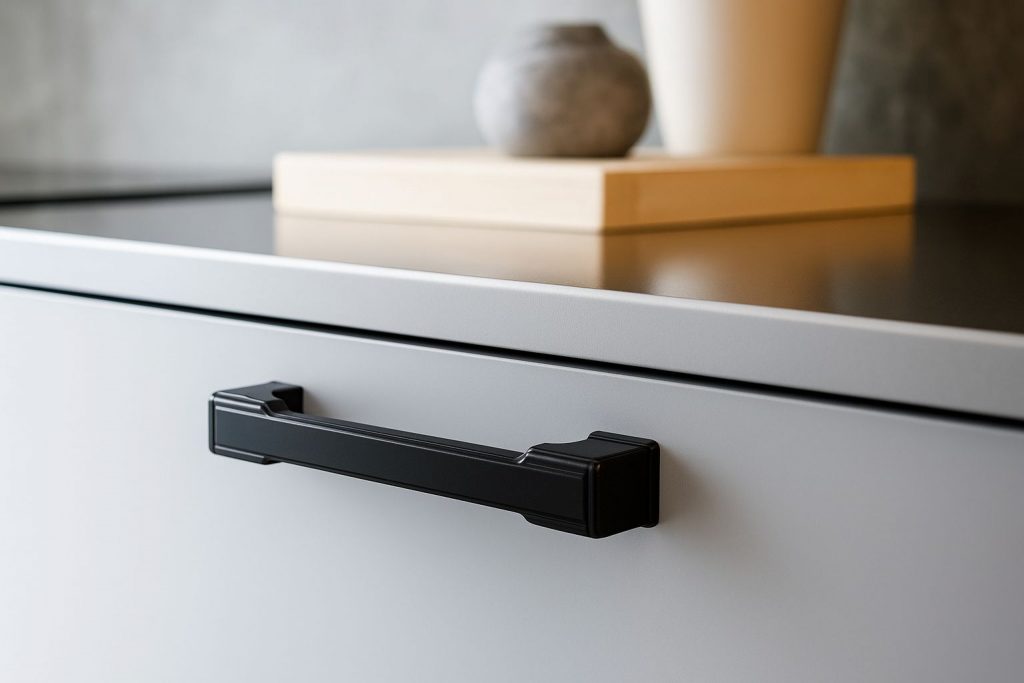 Close-up van een moderne witte keukenkast met een strakke zwarte handgreep.