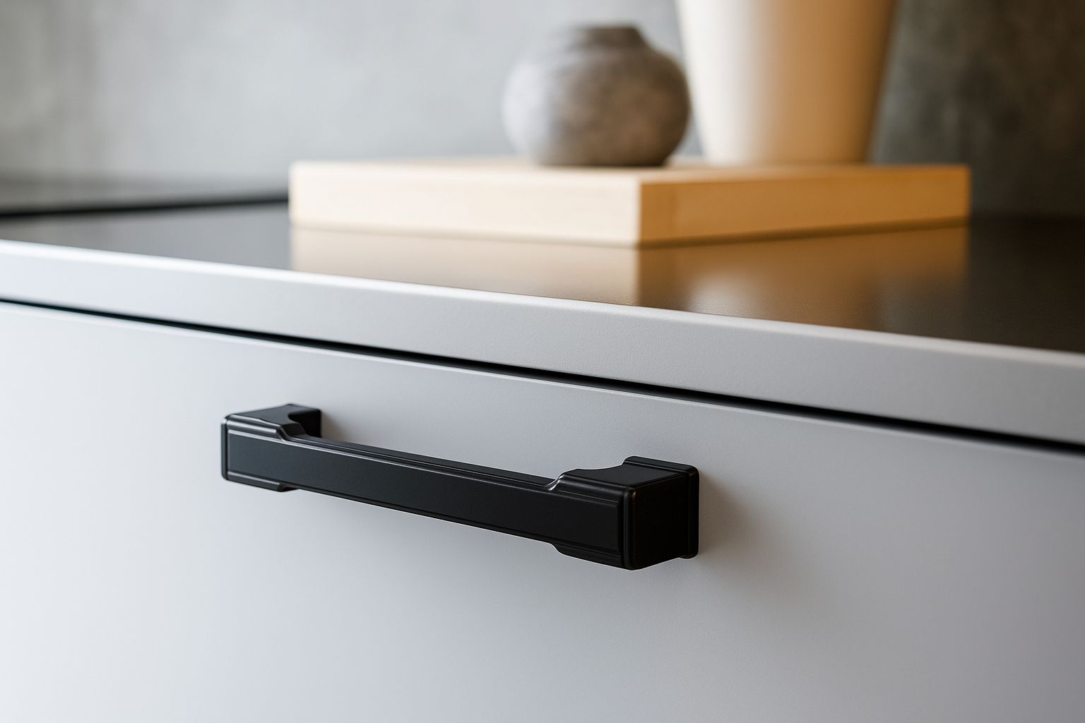 Close-up van een moderne witte keukenkast met een strakke zwarte handgreep.